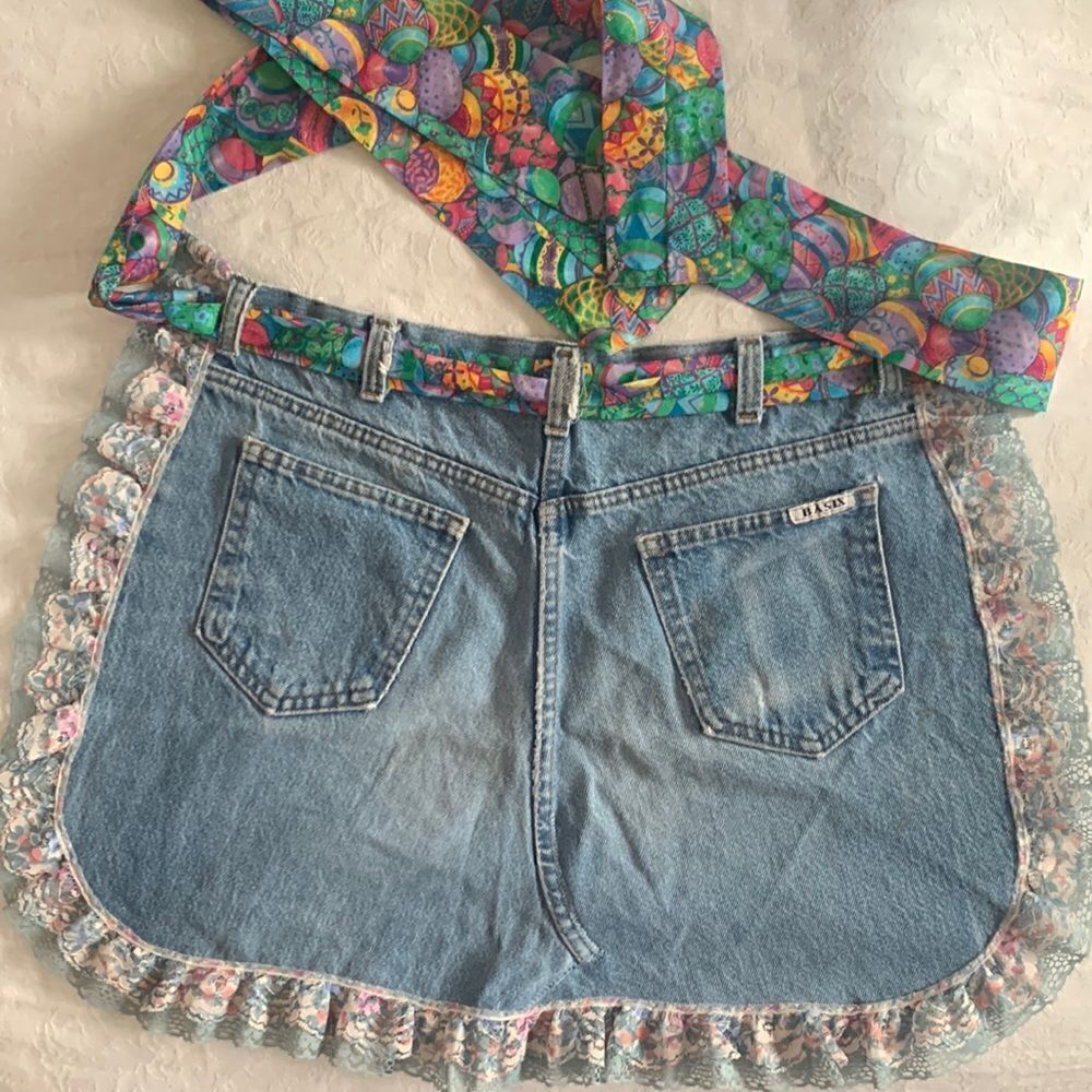 Recycled Jeans Apron Hand Crafted Easter Eggs Waist Tie Pockets